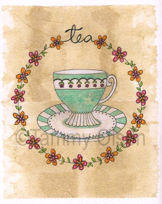 Mixed media collage of tea cup, tea painting, flowers, vintage tea cup, 8 x 10 limited edition print 1/250 "For the Love of Tea"