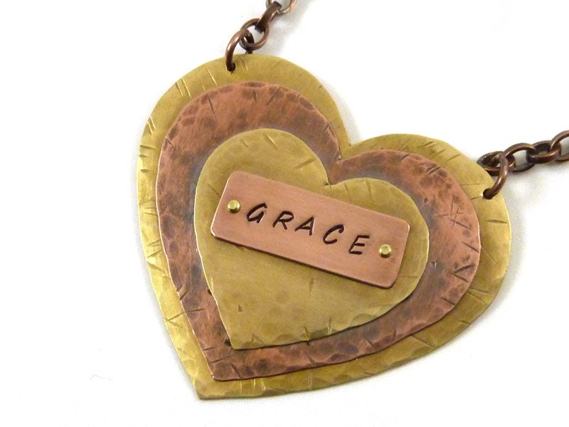 Triple Heart Necklace Pendant Rustic Mixed Metal Copper Brass Word Stamp Grace Inspirational Riveted Cold Connected
