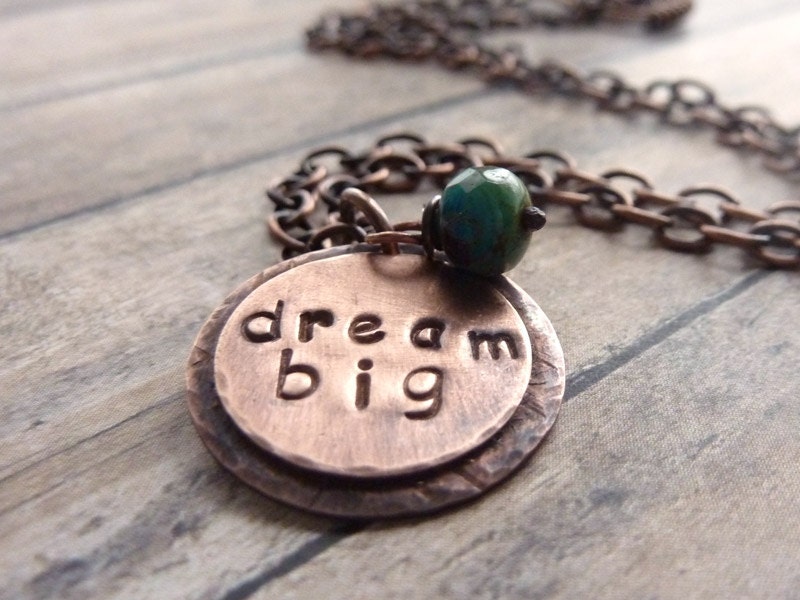 Round Copper Pendant Necklace Inspirational Dream Big Word Stamped Quote Simple Simplicity Minimalist - ATwistOfWhimsy