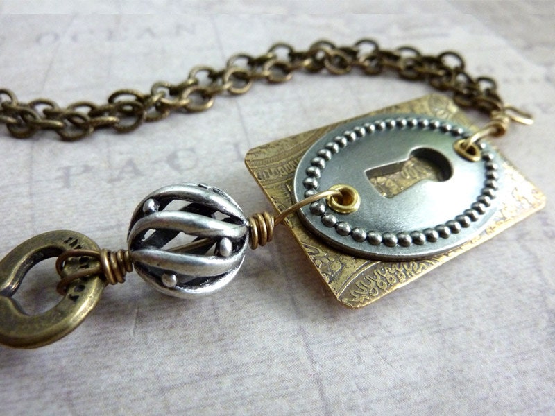Steampunk Keyhole Necklace Brass Skeleton Key Mixed Metal Etched Design Assemblage