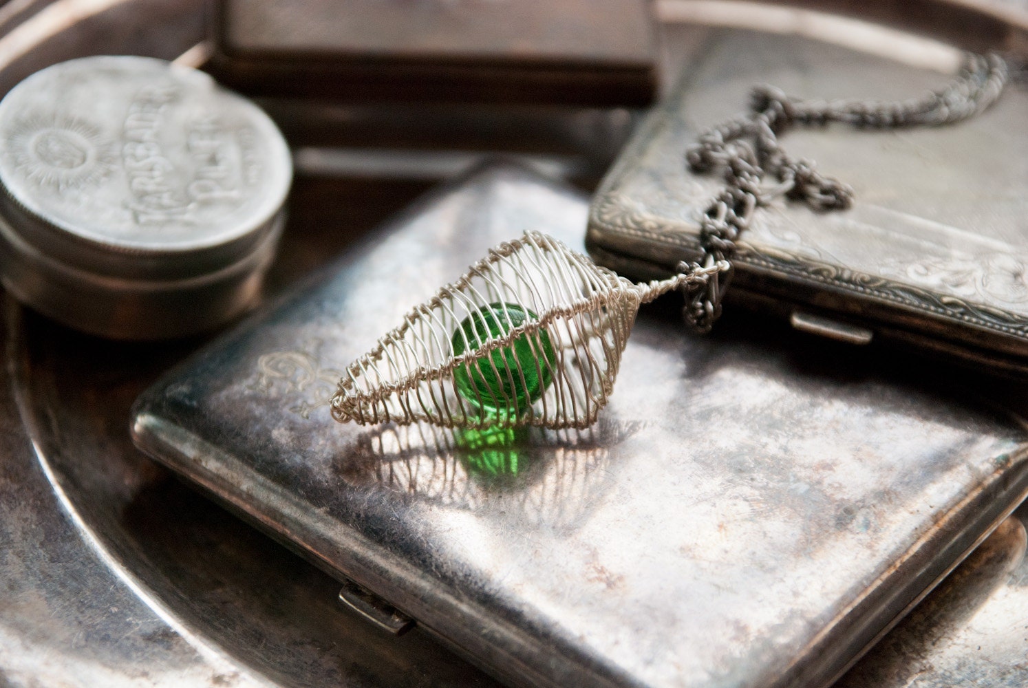 Necklace Pendant Spear Cage in Warm Silver and Forest Green