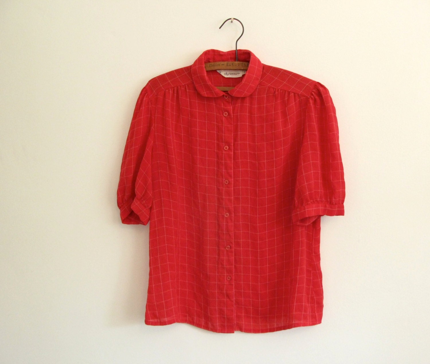 1970s red and white blouse - windowpane plaid print - peter pan collar - short sleeves - small / medium