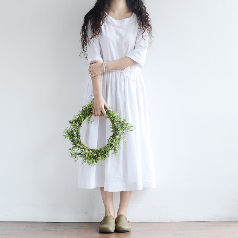 Loose Fitting Long Maxi Dress - Summer Dress in White(R) - Short Sleeve Cotton Sundress for Women - deboy2000