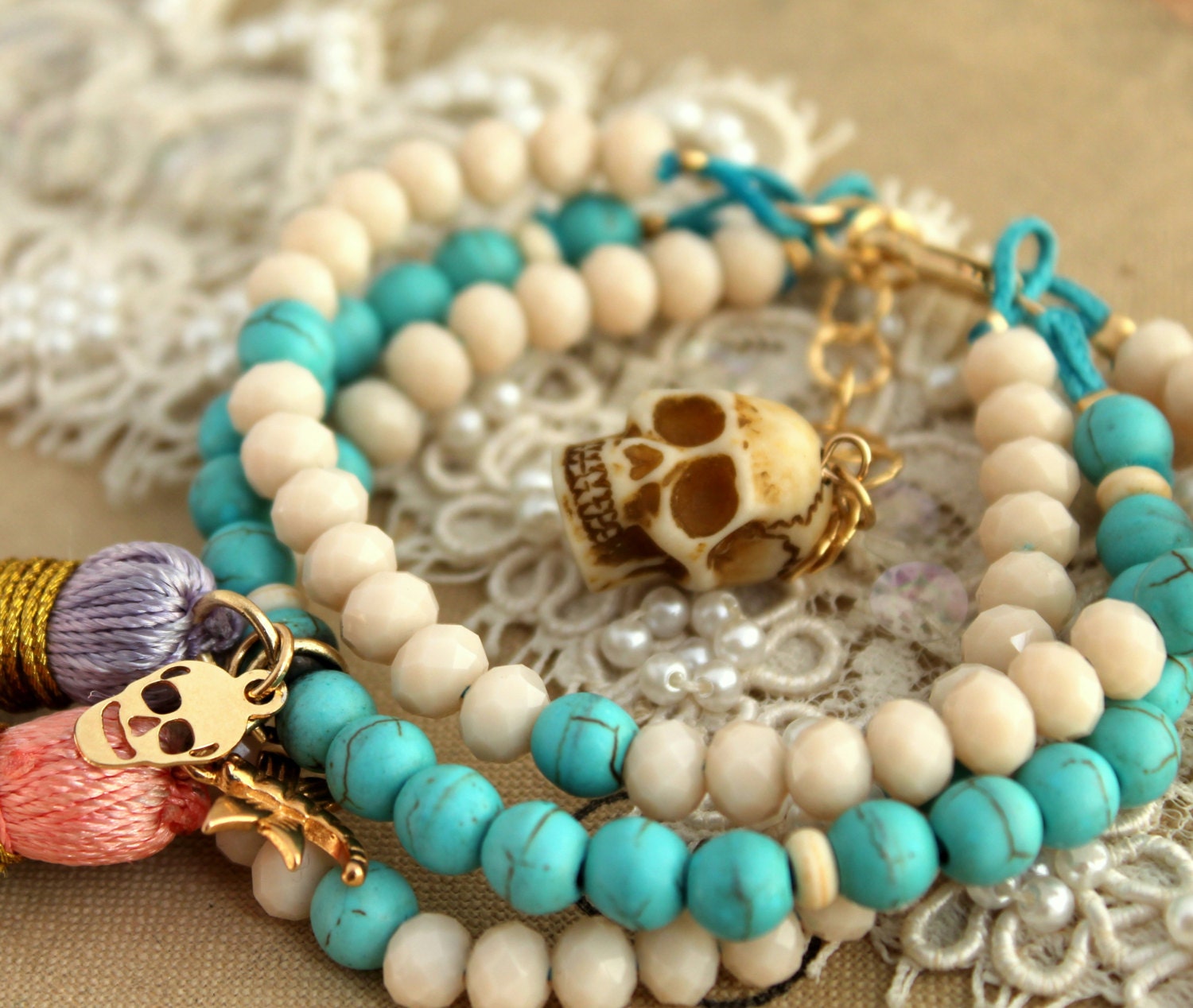 Turquoise Boho Hippie chic Bracelet turquoise,white,purple,peach, gemstone and skulls hand made- fun summer bracelet.