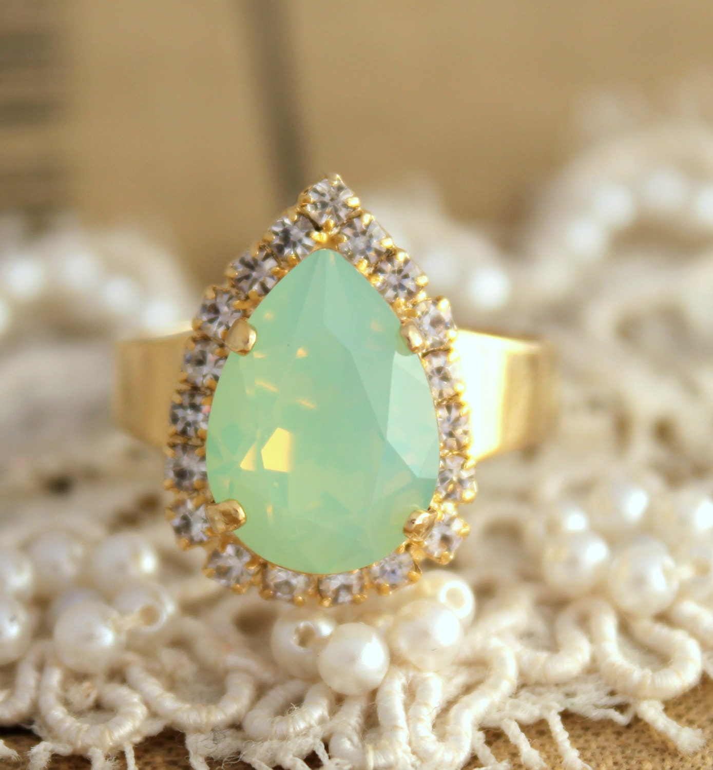 Mint drop adjustable ring - 14k plated gold adjustable ring real swarovski rhinestones.