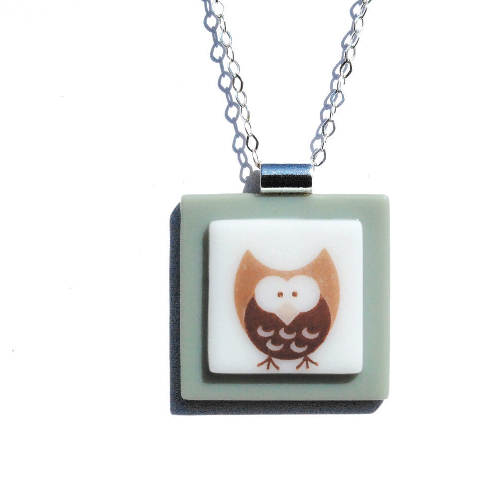 Simply Whimsical Fused Glass Pendant - Owl, Woodland, Nature, Outdoors, Kawaii - Sepia, Light Green, White (Item 10558-P)