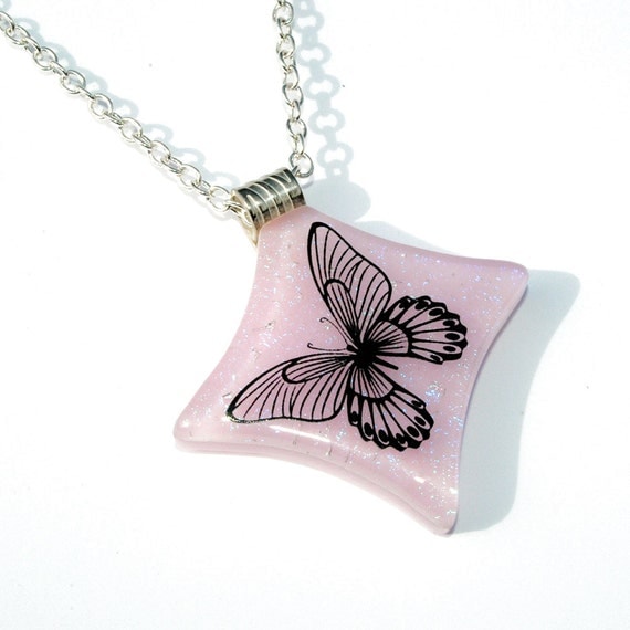 Butterfly Pendant, Fused Glass Jewelry, Dichroic Pendant, Light Pink Pastel, Spring (Item 10006-P)