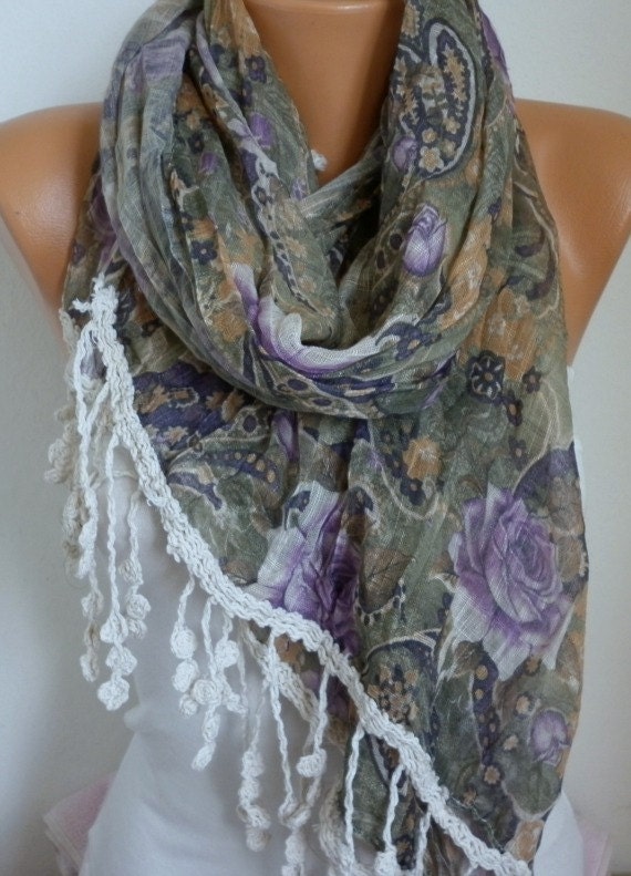 Purple Roses Floral Scarf - Cotton Scarf - Shawl - Cowl Scarf with Lace Edge - fatwoman- Spring Flowers - Beach wrap