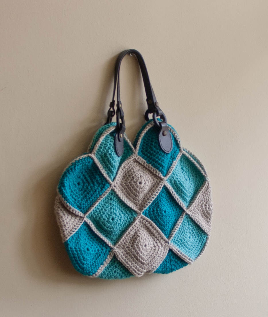 PDF CROCHET PATTERN Purse Higgledy-Piggledy - beige teal blue tote bag