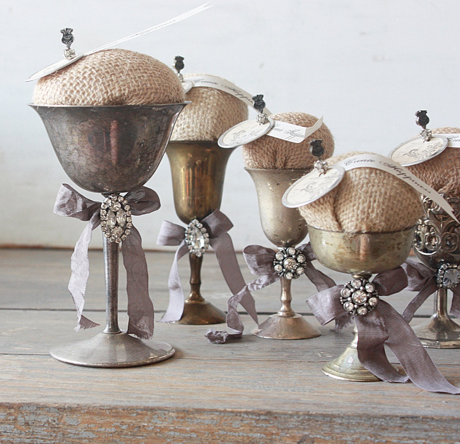 Burlap Pin Cushion in Vintage Silver Plate Filigree Cup