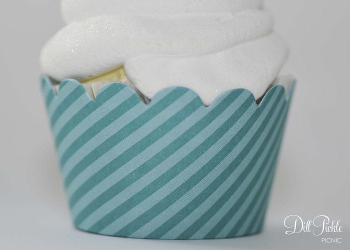 Teal and Aqua Stripe Cupcake Wrappers - Standard Cupcake Wraps Set of 24