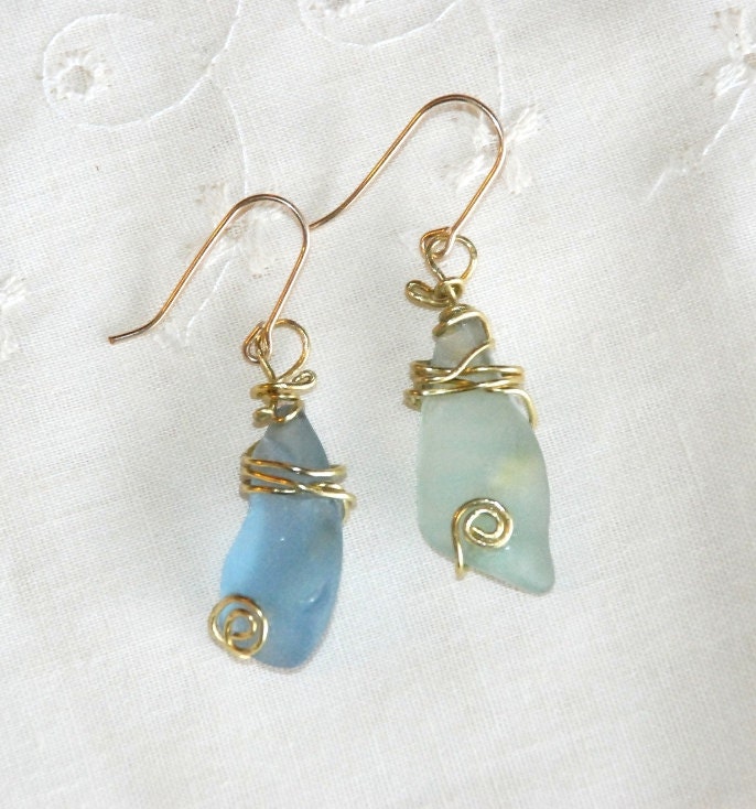 Sea Glass Earrings. Wire wrapped Earrings. Beach Glass Earrings.Gold Filled Ear Hooks.Blue,Green,Aqua.SeaFoam. SeaGlassJewelry.