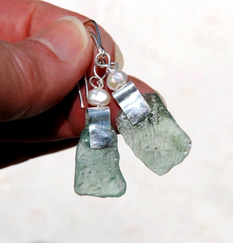 Ancient Roman Glass Earrings in Sterling Silver,Ancient Glass Dangle Earrings,Green Glass and Pearl Earrings,Ancient Glass Jewelry