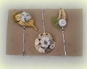 Leaves and Flowers Green White Bridal Bobby Bobbie Pin Trio