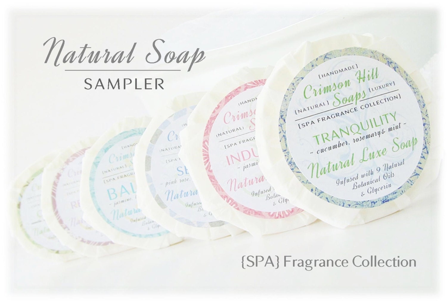 SOAP SAMPLER Gift Set - 6 Spa Fragrance Scents - natural, round soap, gift wrapped, glycerin, vegan, soap set, travel