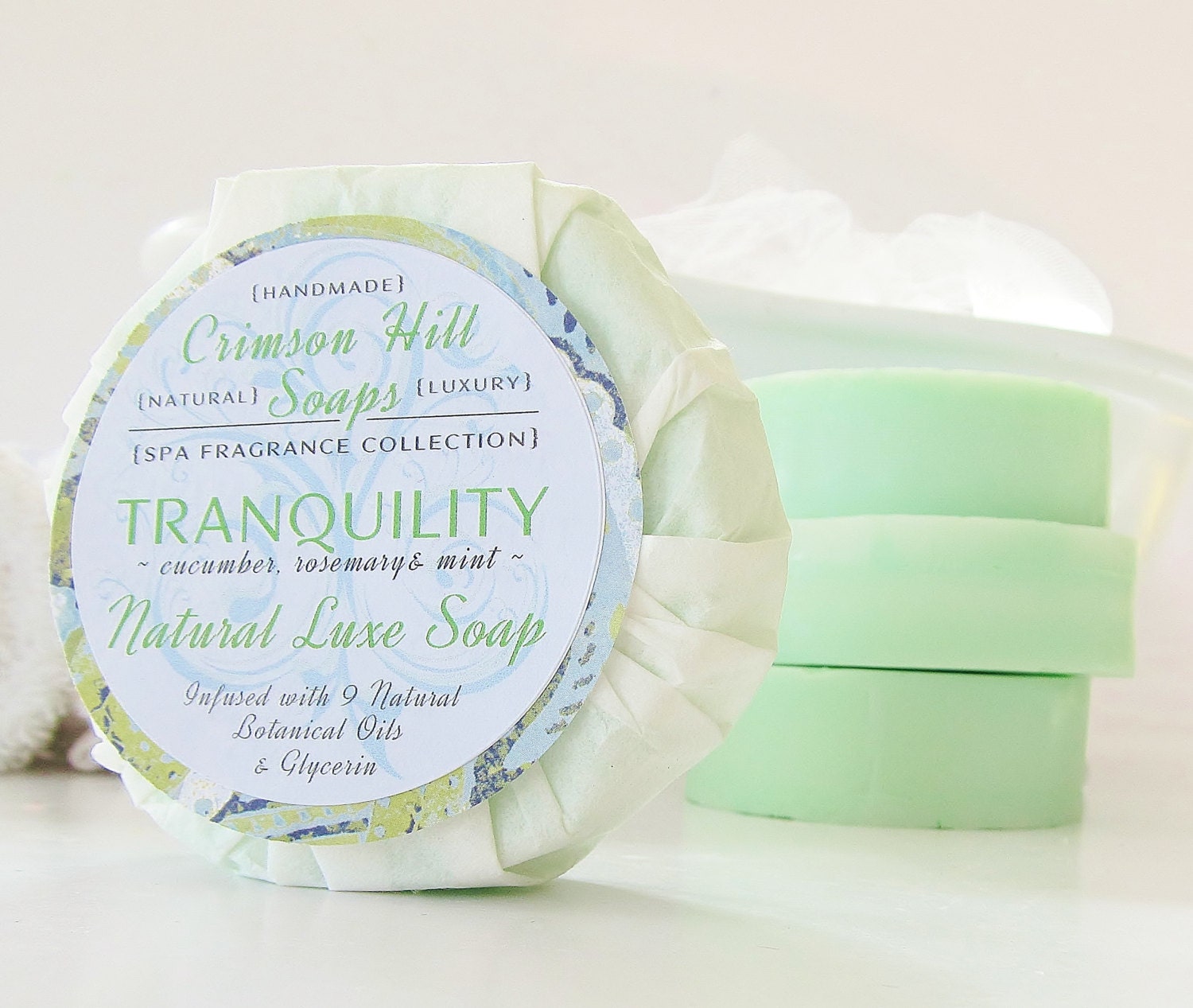 TRANQUILITY Natural Round Soap - Cucumber, Rosemary & Mint scent, large 5 oz soap, herbal, gift wrapped, handmade, glycerin, vegan