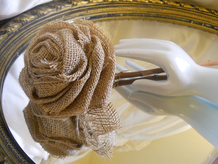 1 Large 17" Tall Burlap Rose Flower Stem for weddings, table decor, centerpieces. Burlap, lace and natural twig stem.