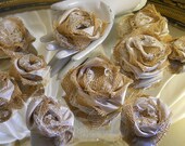 Set of 10, Mix of 2" and 3" Handmade Natural Burlap, Ivory Lace & Silk Ribbon Flowers for weddings, bouquet making, wedding decor,