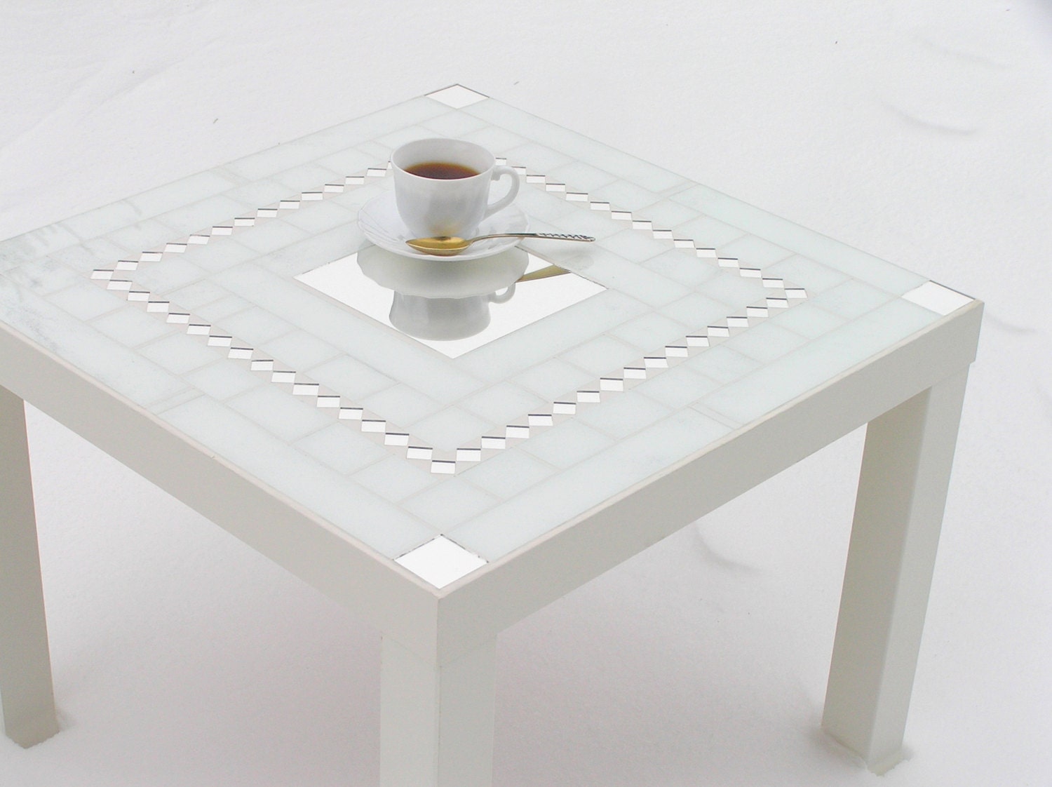 White coffee table side modern furniture mosaic art with pieces of mirror