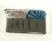 Pleated Pouch/ Zipper Pouch/ Grey Pouch/Wallet/Gift for Women/Teal Blue/Floral Lining