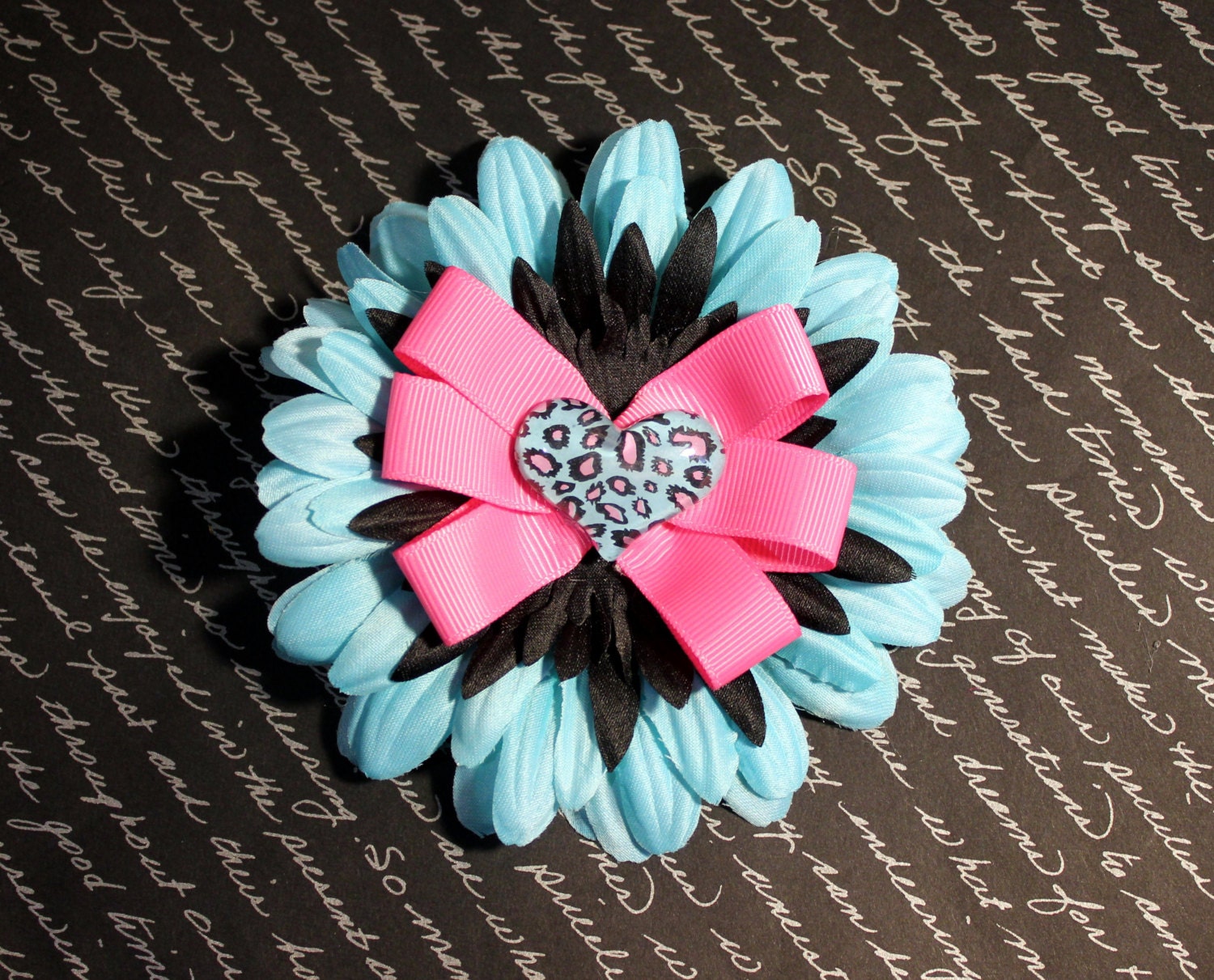 Light Blue Daisy Flower Hair Clip with Pink Ribbon and Leopard Print Heart Center - Pin Up Hair Accessory