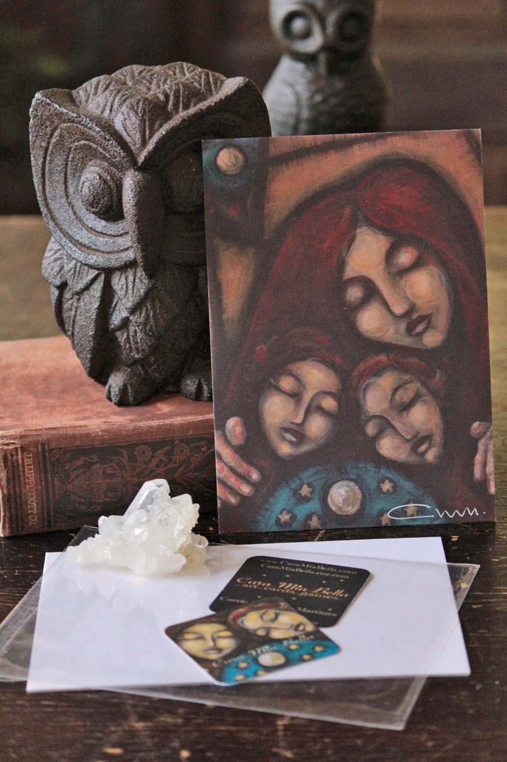 Mama Luna Folk Art Small Print 5 x 7 Signed Painting Portrait Mother Children Moon Twins Sisters Healing Goddess Wise Woman Sacred Prayer