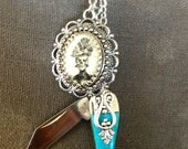 Pocket Knife Victorian Lady Skull Necklace Turquoise