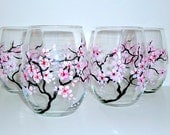 Spring Wedding Cherry Blossoms Handpainted Stemless Wine Glasses Set of 4 / 20 oz. Wedding,Anniversary,Gift  / Made to Order