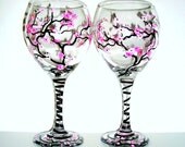 Cherry Blossoms Hand Painted Wine Goblets Set of 4 / 20 oz. Wine Glasses, Spring Wedding, Made To Order