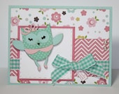 Owl Greeting Card - Ballerina owl in pink and aqua - handmade card