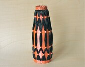 Mid Century Modern Raffia Wrapped Handmade Vase in Neon Pink and Black
