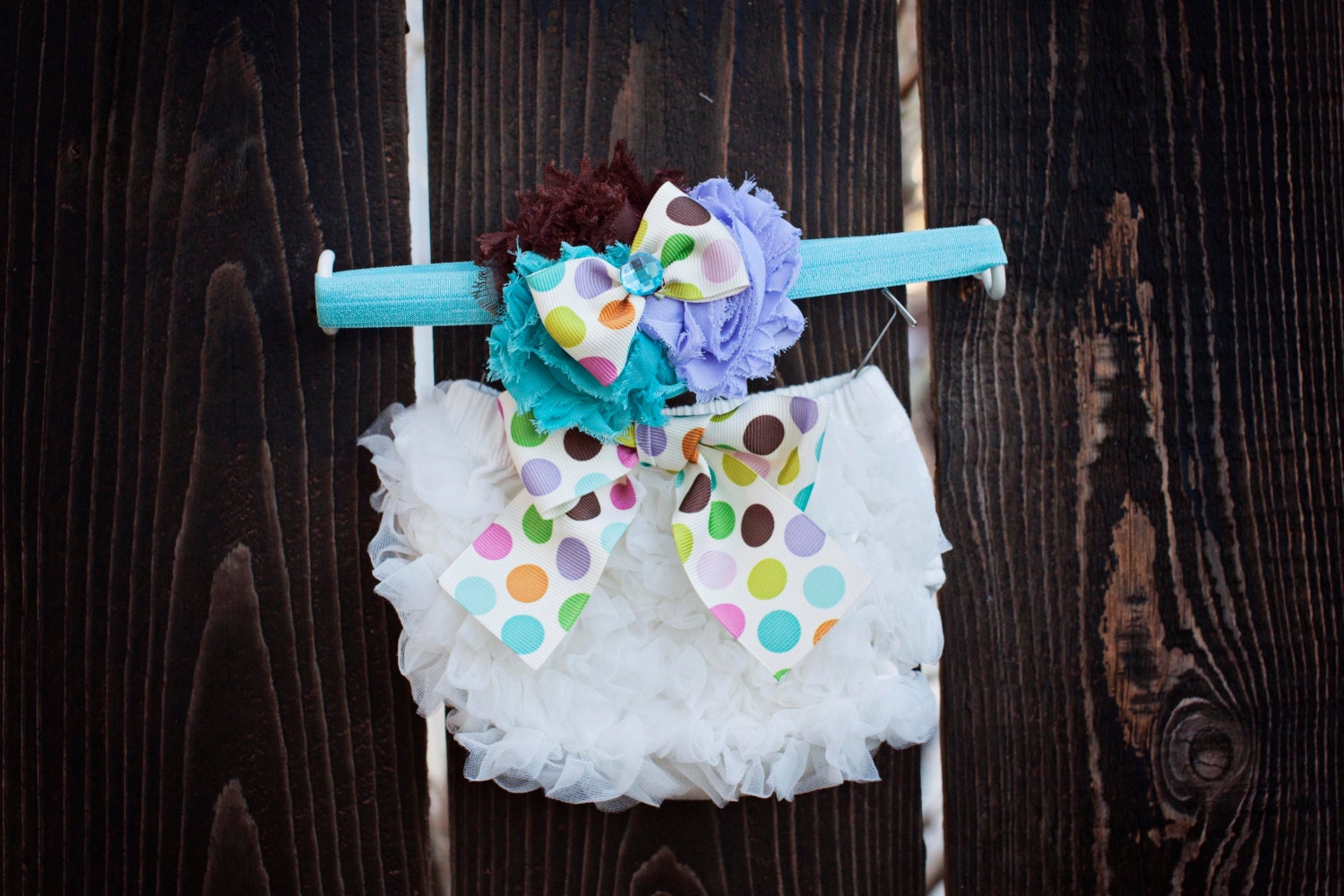 Ruffle bloomer and headband set.Polka dot bow and turquoise and lavender headband