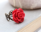 Red Rose Ring, Flower Cocktail Ring, Antique Brass, Deep Crimson Red, Adjustable Filigree Ring, Statement, Spring, Romantic Floral Jewellery