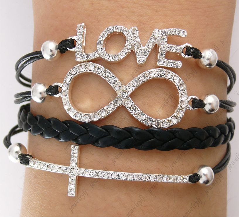 Infinity Bracelet,Cross Bracelet,Love bracelet,8 bracelet,rhinestone bracelet,multistrand leather bracelet with brass charms