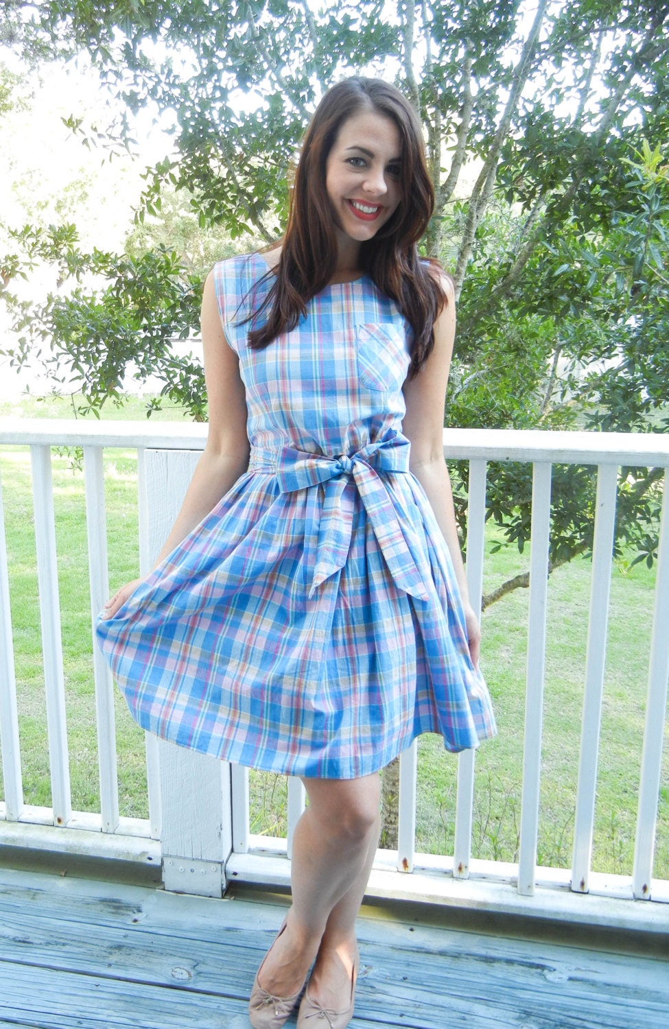 1980's Pastel Plaid Cotton Day Dress with matching waist tie