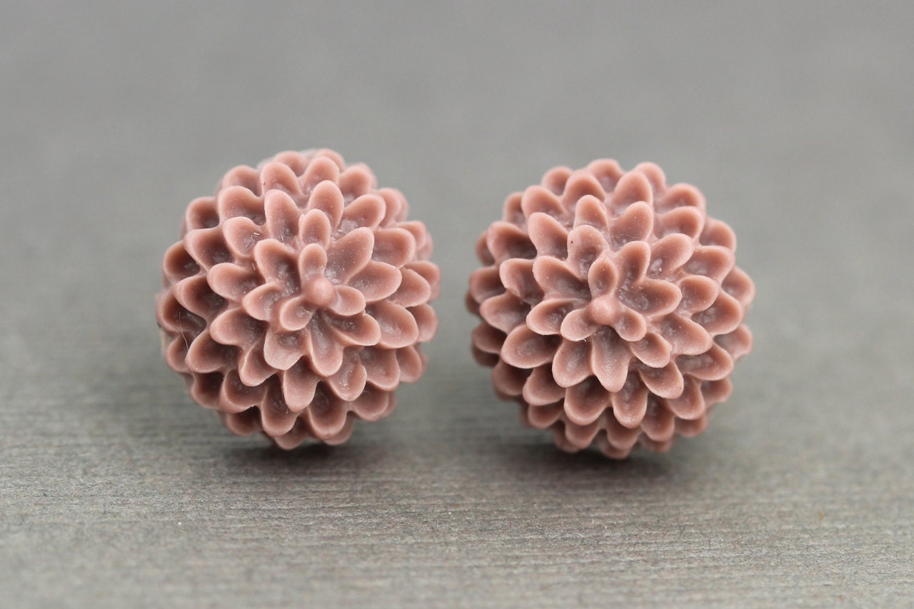 Flower Stud Earrings : Burgundy Flower Stud Earrings, Sterling Silver Plated Earring Posts, Simple, Fun, PomPom, Matte