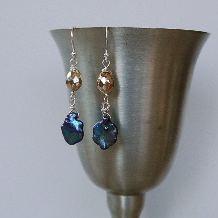 Blue Keishi Pearl and Pyrite Earrings