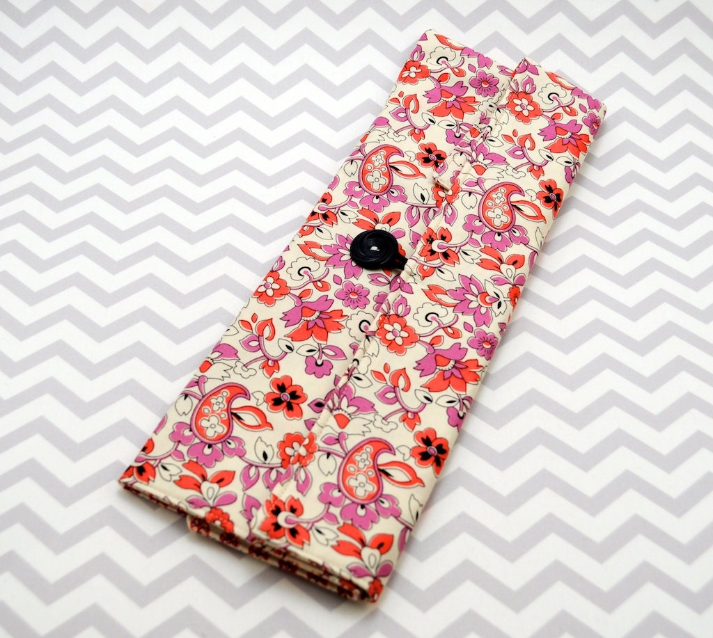 Knitting Needle Roll or Paintbrush Roll - Purple and Orange Paisley Fabric