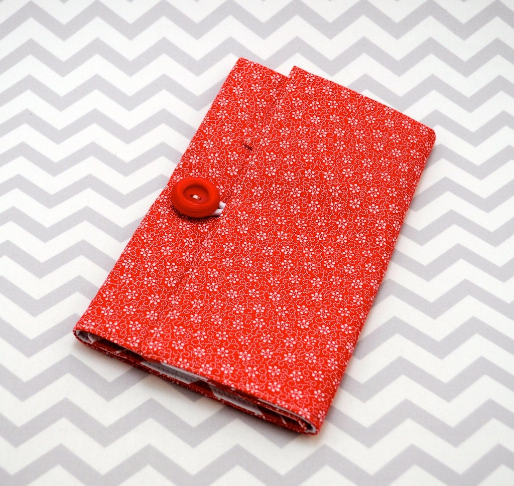 Pencil Crayon or Marker Roll, Crochet Hook Roll - Red and White Chevron and Tiny Floral Fabric