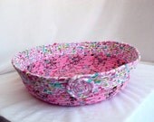 Flannel Cat Bed, Handmade Pink with Aqua Basket, Toy Basket, Magazine Rack, Storage Organizer, hand wrapped and coiled fabric basket