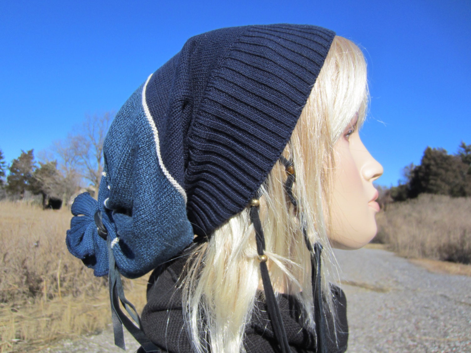 BOHO Gypsy Baggy Beanie Hat Stripe Thick  Navy Blue Slouchy Beret Striped Tam A1466