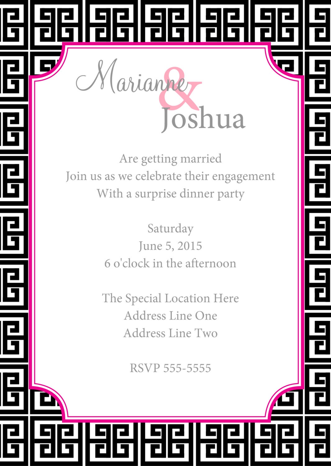 Greek Key Black and Pink Printable Wedding Invitation