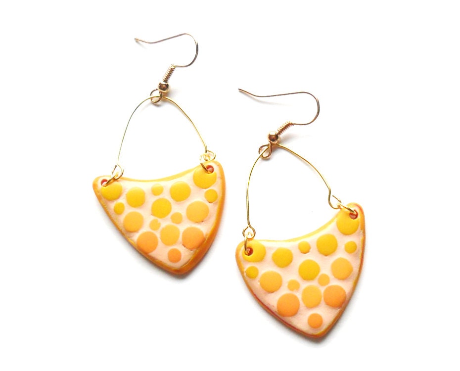 Polymer clay dangle earrings yellow and orange bubbles arrow shaped asymmetrical geometrical earrings