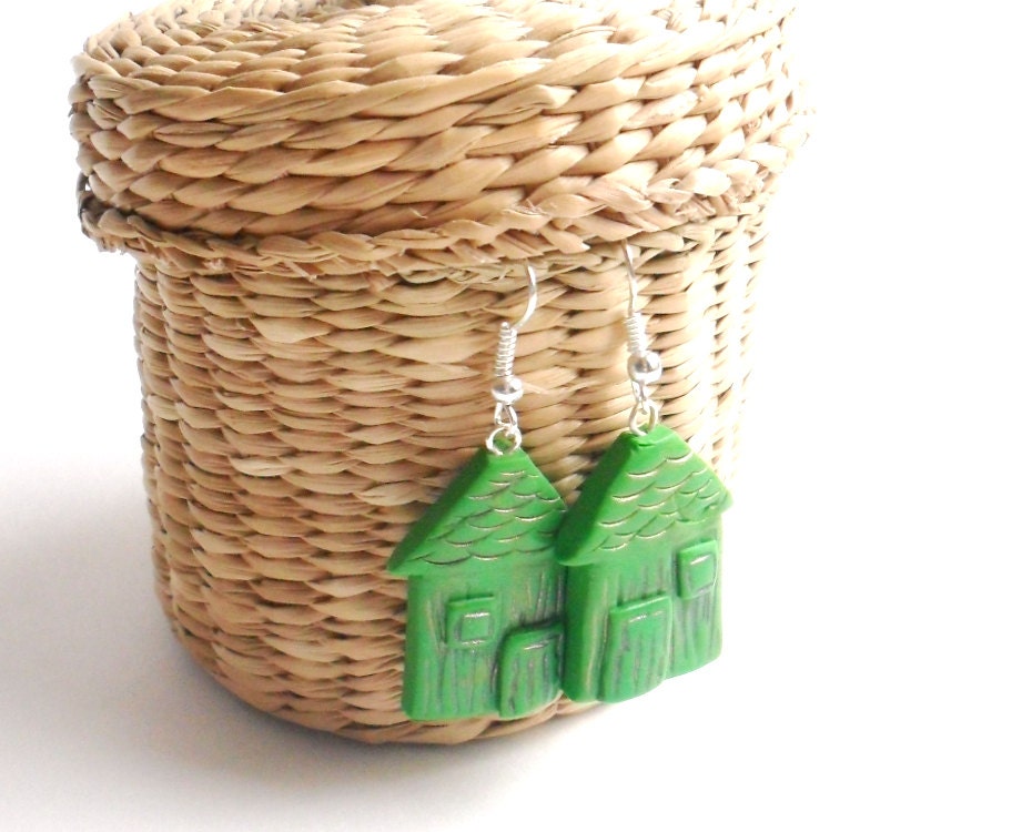 Polymer clay earrings little houses grass green distressed house shaped dangle earrings