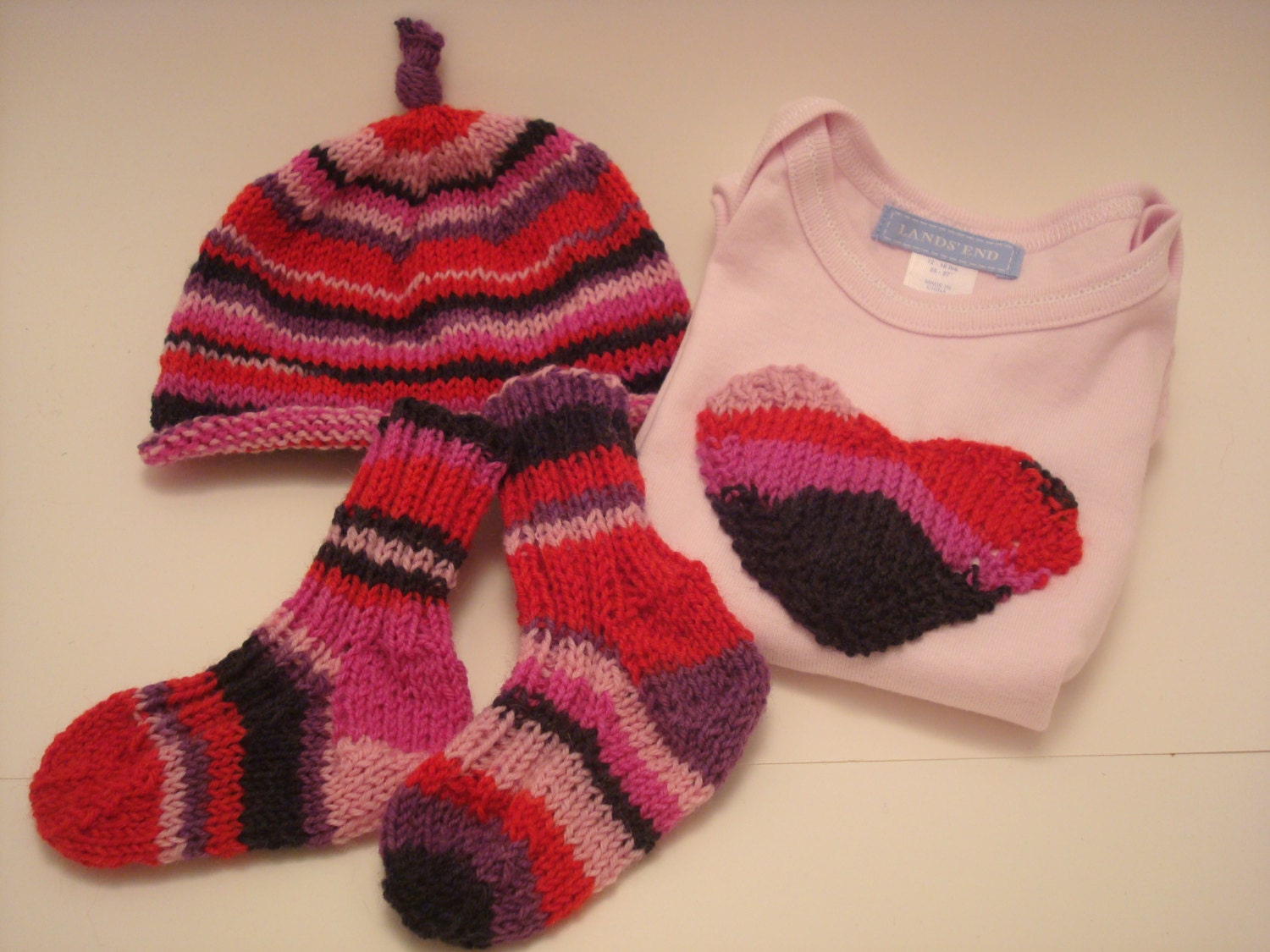 HATS for HOSPICE - Newborn Baby Onesie, Sock & Hat Set - Valentine Baby Shower Gift - Photo Prop - Hand Knit / 3-6 Months - READY to Ship