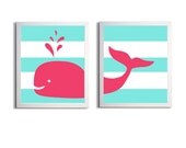 Nursery Whale Kids Room Art Nautical Beach Ocean Sea Prep Stripes Pink Aqua more colors available set of 2 each 11x14