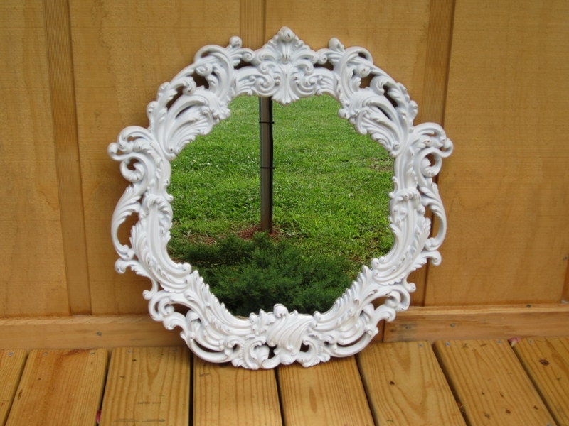Vintage Chippy White Gold Ornate Burwood 23" Round Wall Mirror