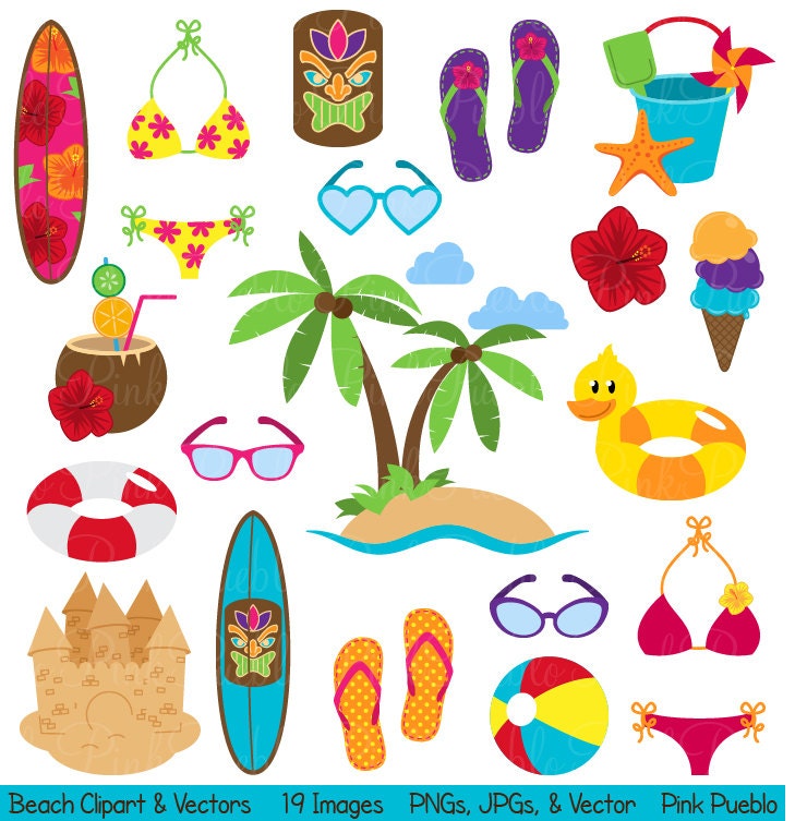 Beach Clipart Clip Art, Summer Vacation Travel Clipart Clip Art Vectors - Commercial and Personal Use
