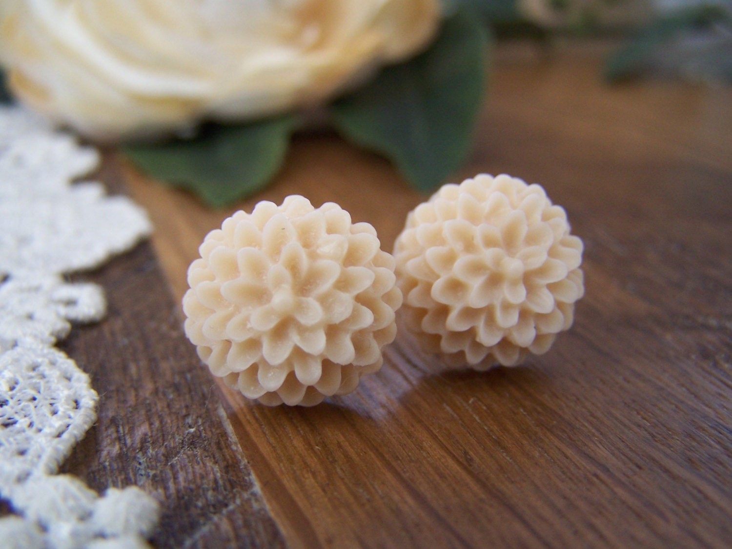 Beige Pom Stud Earrings