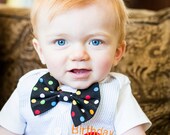 Short or Long Sleeve Baby's First Birthday Tuxedo Onesie Vest with Matching Polka Dot Bow Tie